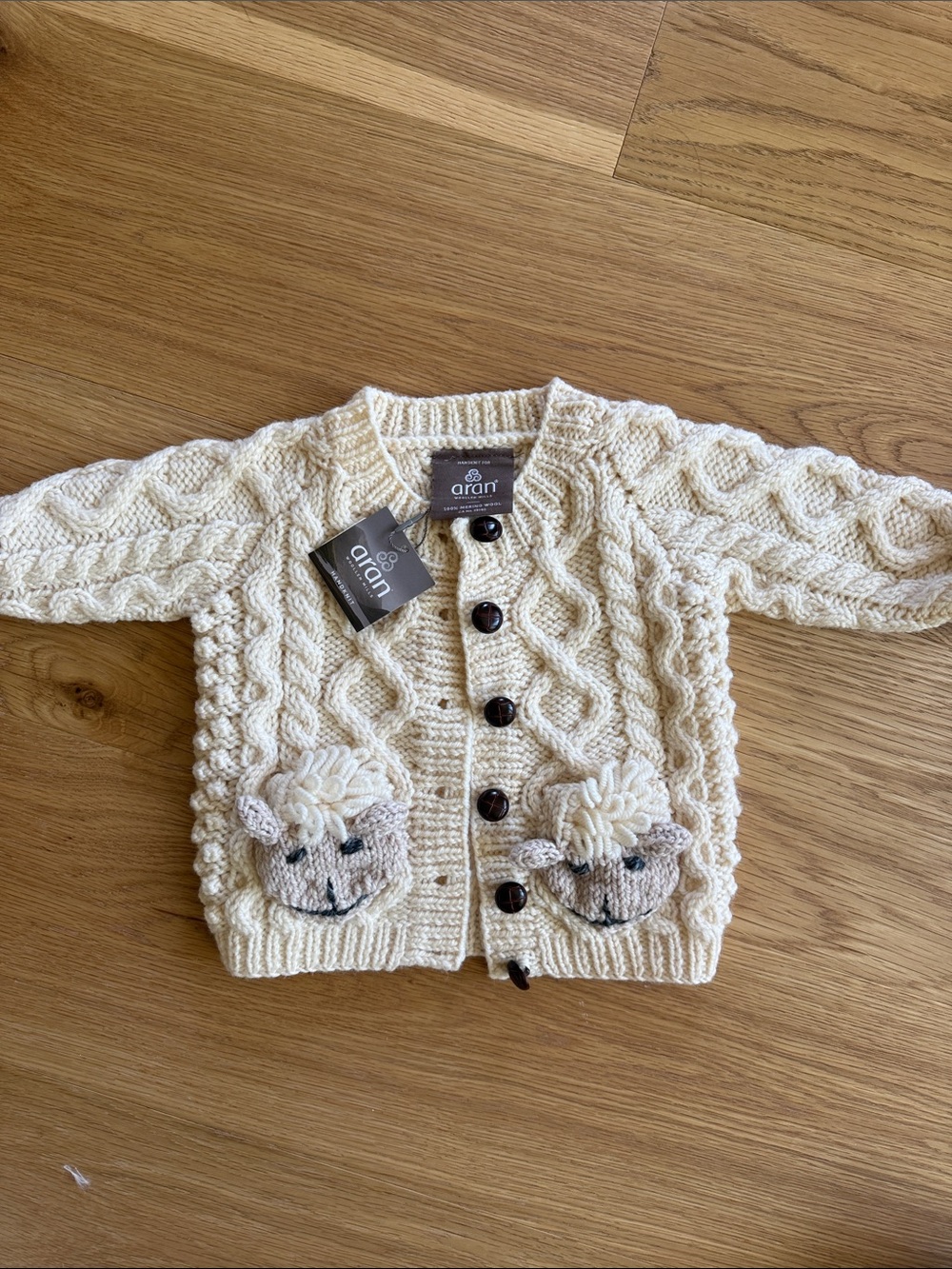 Aran Irish handknit Cable Knit Cardigan with sheep pockets 6-12 months